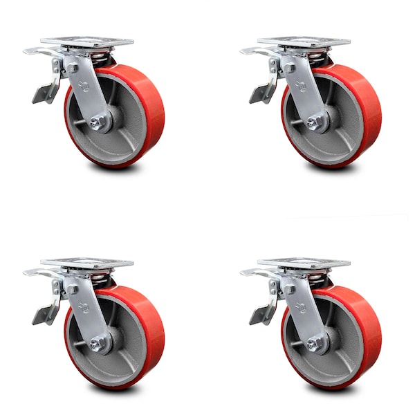 Service Caster 6 Inch Red Poly on Steel Caster Set with Roller Bearing and Total Lock Brake SCC-TTL30S620-PUR-RS-4 - main